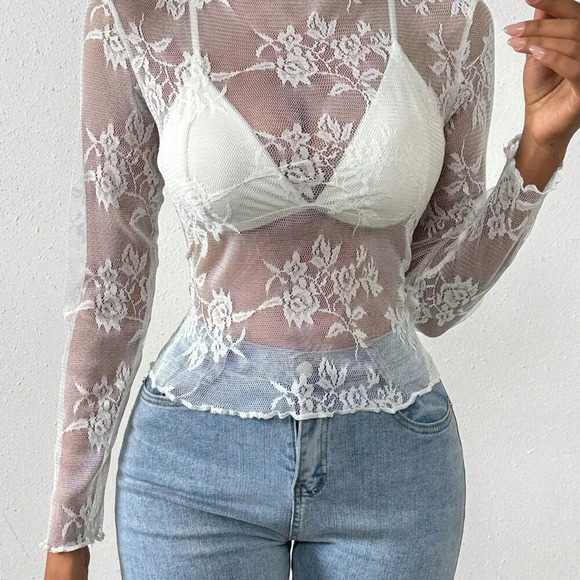White Sexy Women's Lace Ruffle Hem Sheer Top - Picture 3 of 6